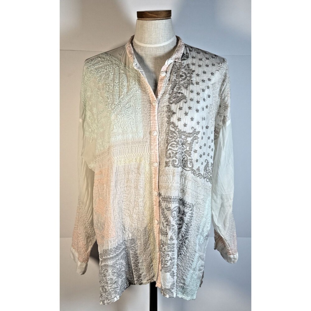 Johnny Was Embroidered White Pastel Small Oversized Blouse Boho Bandana